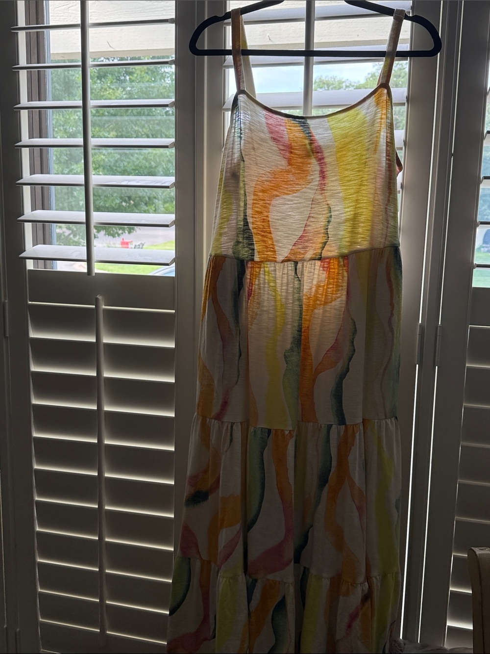 torrid white dress with orange, yellow, green and pink watercolor stripes